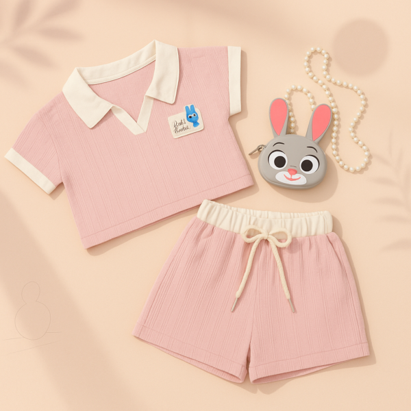 Kids 2-Piece Pastel Outfit Set with Bunny Sling Purse – Stylish Top & Shorts for Girls