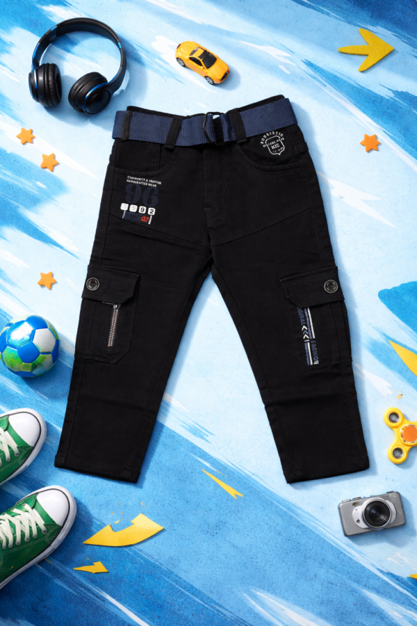 Boys Slim Fit Cargo Pants with Belt – Black Multi-Pocket Style