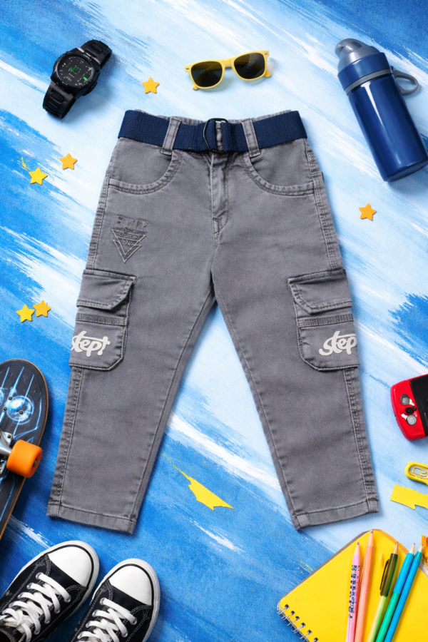 Boys Slim Fit Cargo Jeans with Belt – Grey Multi-Pocket Street Style