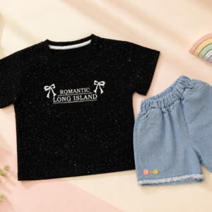 Girls 2-Piece Set – Black Graphic T-Shirt & Denim Shorts