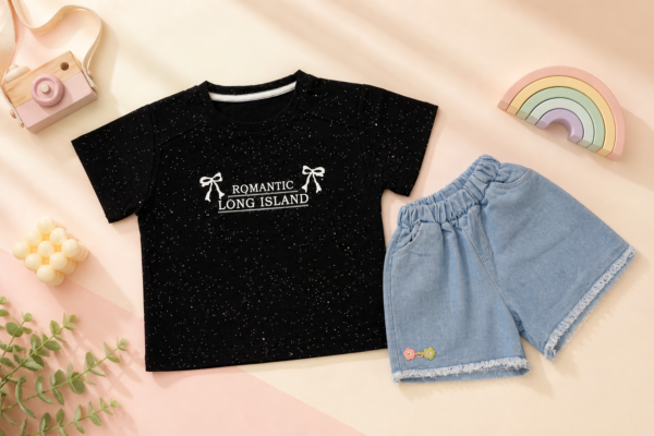 Girls 2-Piece Set – Black Graphic T-Shirt & Denim Shorts