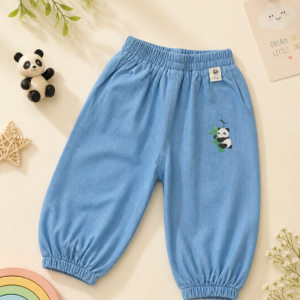 Kids Cotton Jogger Pants – Sky Blue Elastic Waist Bottoms with Panda Print