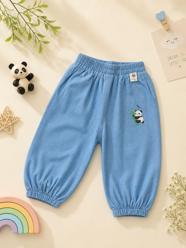 Kids Cotton Jogger Pants – Sky Blue Elastic Waist Bottoms with Panda Print