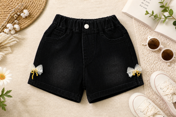 Girls Denim Shorts – Black Stretch Casual Shorts with Bow Detail