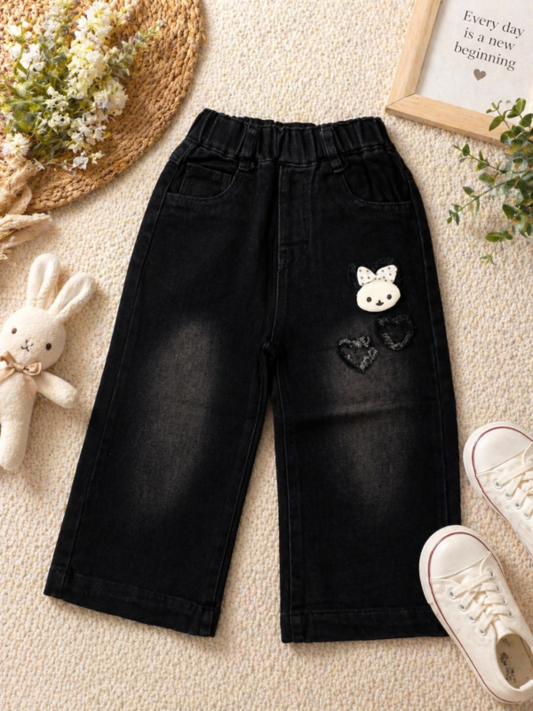 Girls Wide-Leg Denim Pants – Black Elastic Waist Casual Bottoms with Cute Patch Detail