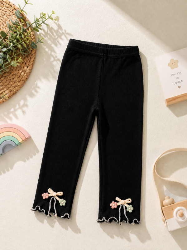 Girls Cotton Leggings – Black Stretch Bottoms with Floral Bow Detail
